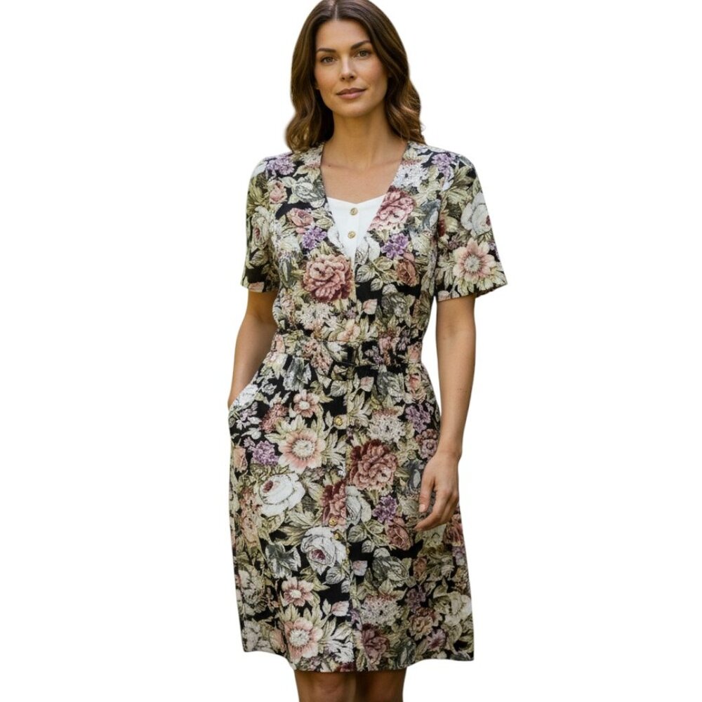 Peri Petites Dress Womens 8 Black Floral Midi Sheath Garden Party NWT